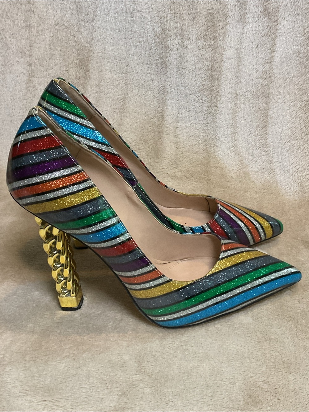 FSJ Multicolor Glitter Gold Metal Chain Chunky Heel Pointed Toe Pumps Size 8